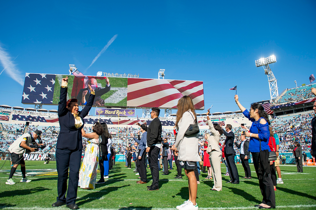 Jacksonville Jaguars fans celebrate a Salute to Service during opening  ceremonies of an NFL football game at EverBank Field against the  Indianapolis Colts, Thursday, Nov. 8, 2012, in Jacksonville, Fla. The Colts