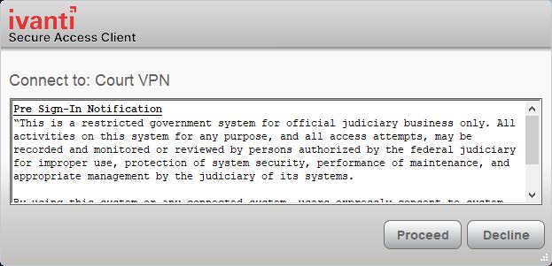 A graphic of the Connect to: Court VPN window with the Proceed button