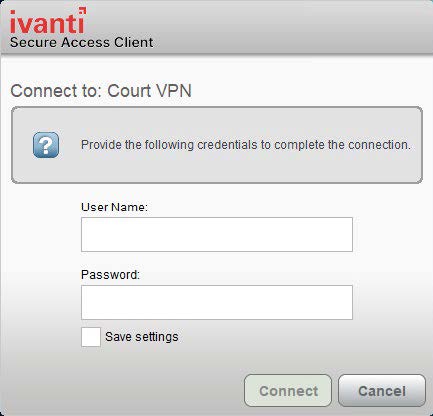 A graphic of the Connect to: Court VPN login window with the Save settings checkbox