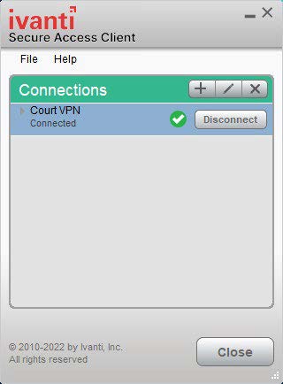 A graphic of the Ivanti Secure Access Client Connections window with the Court VPN connection indicator